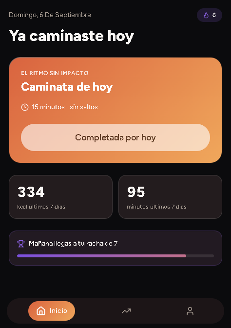 Pantalla de Inicio de WalkingPadFit: rutina de hoy completada, calorías y minutos de la semana